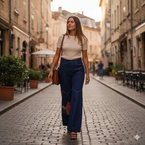 vintage high waist jeans SKIVA indigo denim pants with houses stitched on